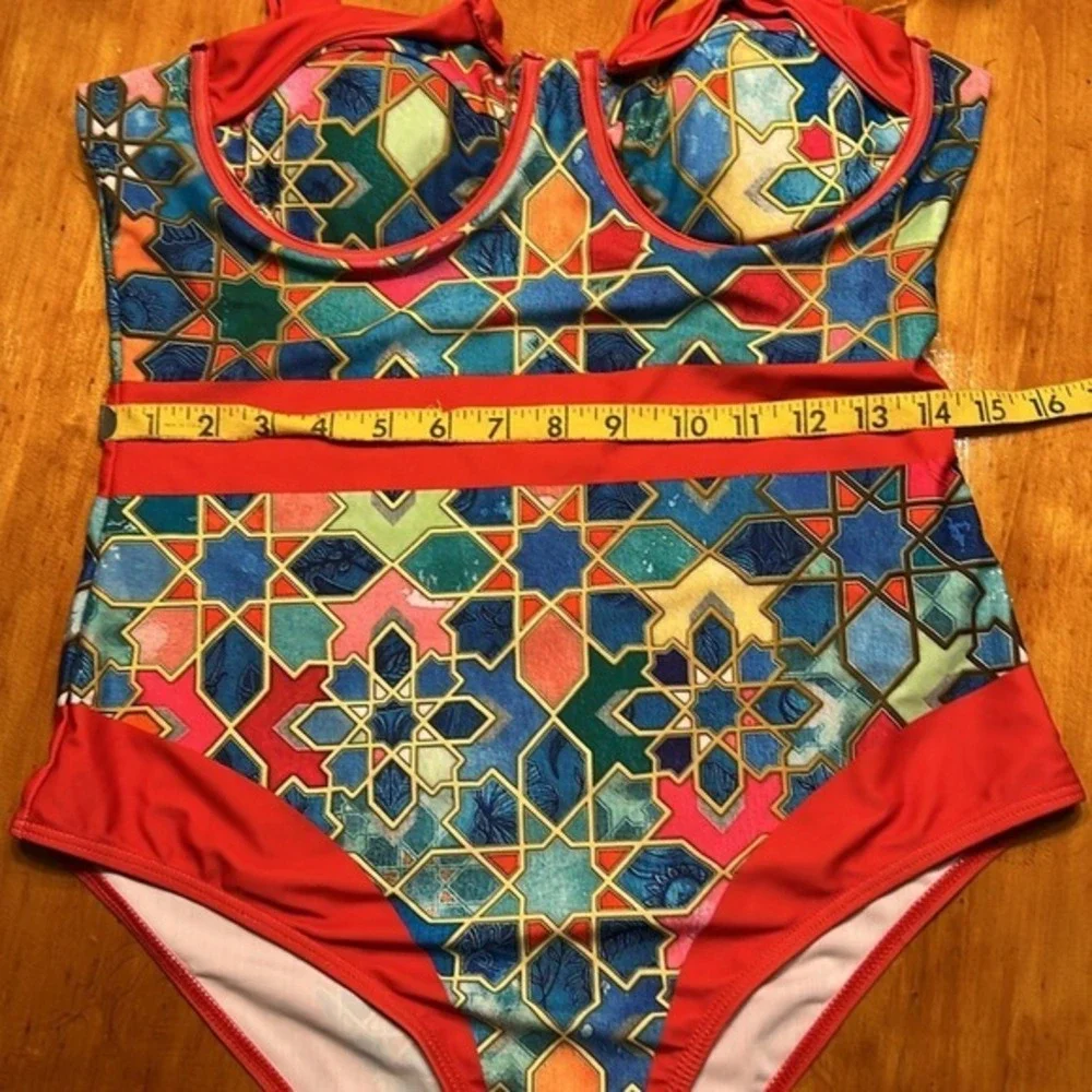 Boho Chic Geometric Mosaic Print Underwire One Piece Swimsuit and Wrap Skirt Set